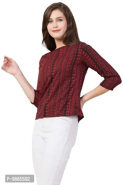 TUSI Fashion Women's Regular Fit Printed Crepe Round Neck 3/4 Sleeves Casual Tops (Large, Maroon)-thumb2