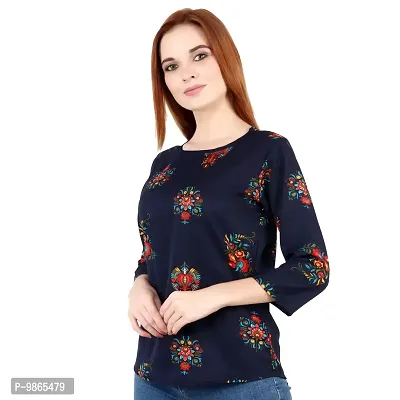 TUSI Fashion Women's Regular Fit Printed Crepe Round Neck 3/4 Sleeves Casual Tops TI-TOP 2.2 (Medium, Blue Big Flower)-thumb2