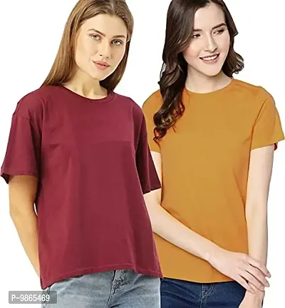Gold Mines Round Neck Half Sleeve Plain-Solid Women's Maroon::Mustard Cotton T Shirt Combo of 2