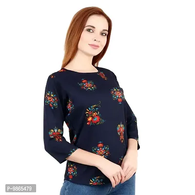 TUSI Fashion Women's Regular Fit Printed Crepe Round Neck 3/4 Sleeves Casual Tops TI-TOP 2.2 (Medium, Blue Big Flower)-thumb3