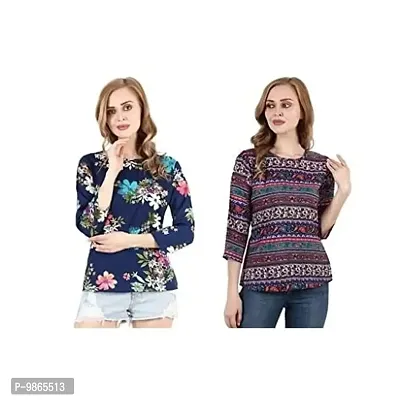 TUSI Fashion Women's Regular Fit Printed Crepe Round Neck 3/4 Sleeves Casual Multi Color Tops (Small, Blue)