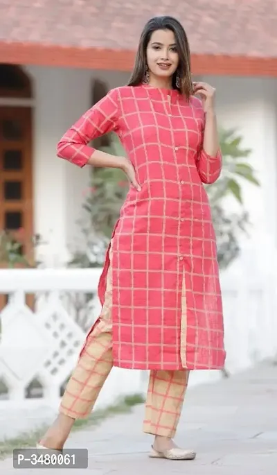 Red Cotton Blend Checked Kurtas For Women-thumb1