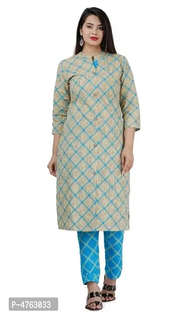 Stunning Beige Checked Cotton Kurta Pant Set For Women