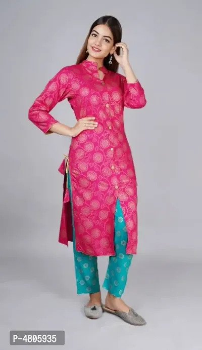 Elite Pink Rayon Printed Kurta Pant Set For Women-thumb0