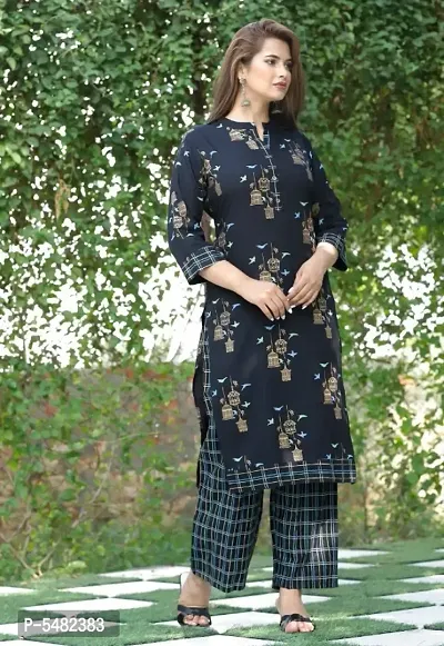 Alluring Navy Blue Rayon Printed Kurta Pant Set For Women-thumb0