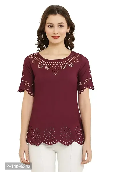 PREEGO Women Half Sleeves Self Design Top(Wine)