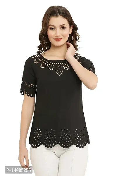 PREEGO Women Half Sleeves Self Design Top(Black)