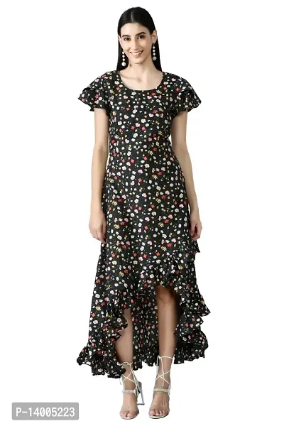 PREEGO Women Black Floral Printed A-Line Maxi Dress-thumb0