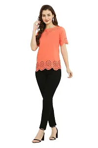 PREEGO Women Half Sleeves Self Design Top(Orange)-thumb4