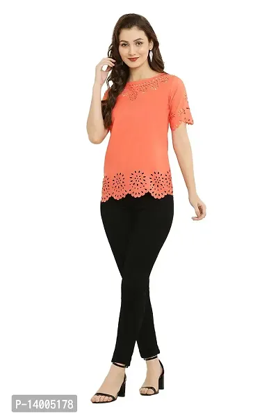 PREEGO Women Half Sleeves Self Design Top(Orange)-thumb5