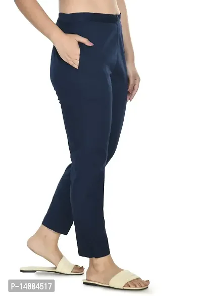 Blue Cotton Lycra Blend Casual Trousers Trousers   Capris For Women-thumb4