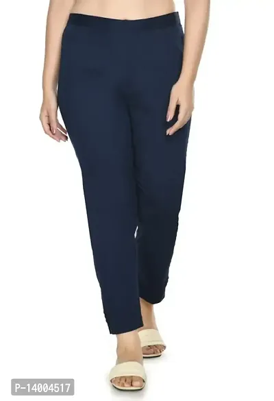 Blue Cotton Lycra Blend Casual Trousers Trousers   Capris For Women-thumb0