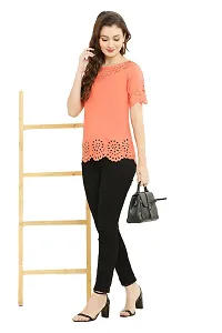 PREEGO Women Half Sleeves Self Design Top(Orange)-thumb2