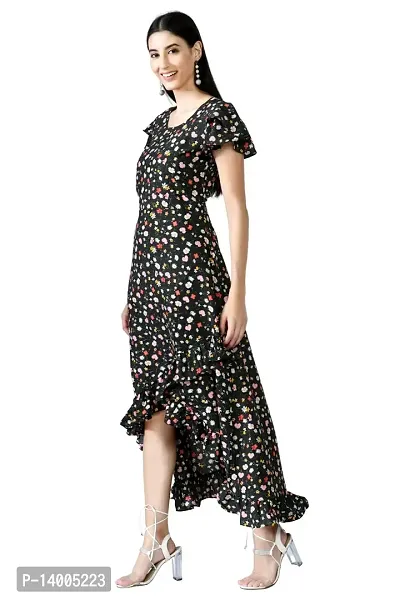 PREEGO Women Black Floral Printed A-Line Maxi Dress-thumb3