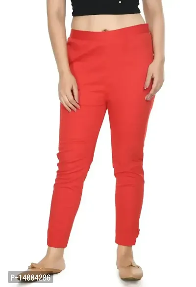 Red Cotton Blend Casual Trousers Trousers   Capris For Women