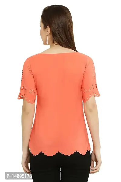 PREEGO Women Half Sleeves Self Design Top(Orange)-thumb2