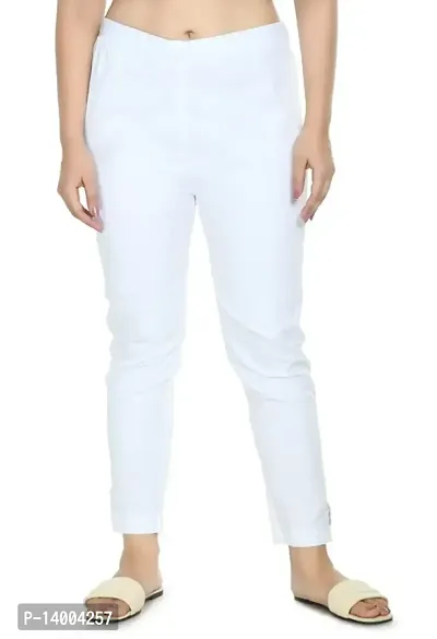 White Cotton Blend Casual Trousers Trousers   Capris For Women
