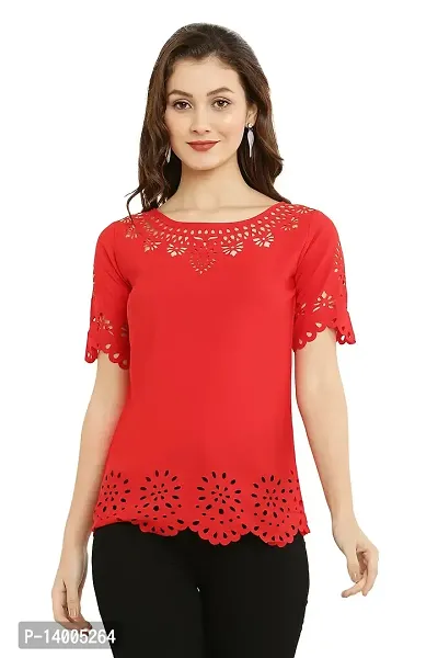 PREEGO Women Red Half Sleeves Self Design Top