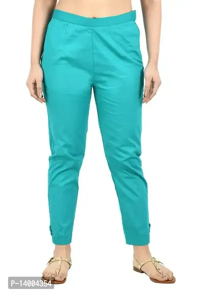 Blue Cotton Blend Casual Trousers Trousers   Capris For Women