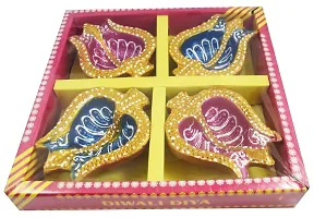 Urvi Creations Set of 4 Handmade Traditional Earthen Clay Mitti Diya Oil Lamps for Pooja Diwali Decoration - Multi Colour-thumb3