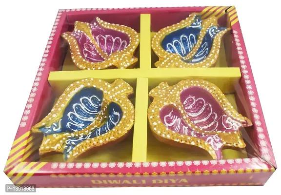 Urvi Creations Set of 4 Handmade Traditional Earthen Clay Mitti Diya Oil Lamps for Pooja Diwali Decoration - Multi Colour-thumb4