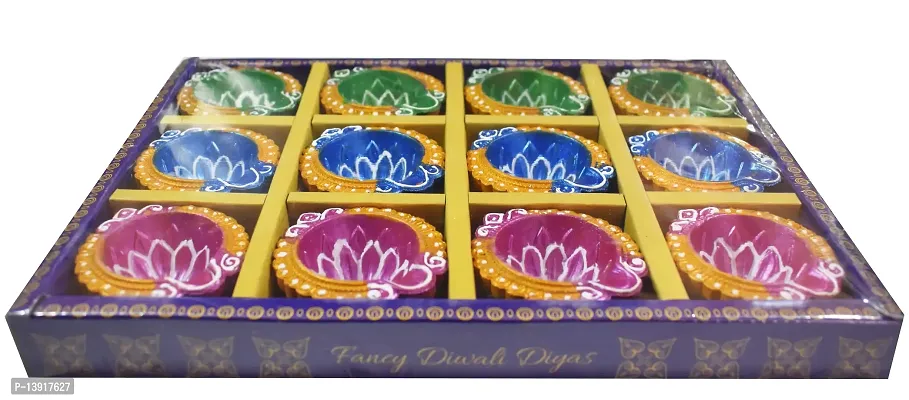 Urvi Creations Set of 12 Handmade Traditional Earthen Clay Mitti Diya Oil Lamps for Pooja Diwali Decoration - Multi Colour-thumb3