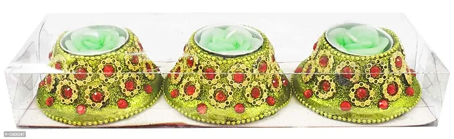 Forty Wings 3 Pcs Rose Flower Shape Meenakari Work Decorative Candles for Wedding and Diwali Decoration Items-thumb3