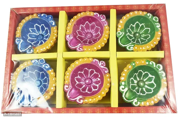 Urvi Creations Set of 6 Handmade Traditional Earthen Clay Mitti Diya Oil Lamps for Pooja Diwali Decoration - Multi Colour-thumb4