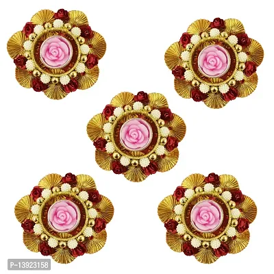 Urvi Creations Set of 5 Pcs Designer Pom Pom Gotta Flower Rangoli Set Tea Light Holder Candles for Diwali Home Decor - Multi Color