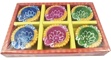 Urvi Creations Set of 6 Handmade Traditional Earthen Clay Mitti Diya Oil Lamps for Pooja Diwali Decoration - Multi Colour-thumb1