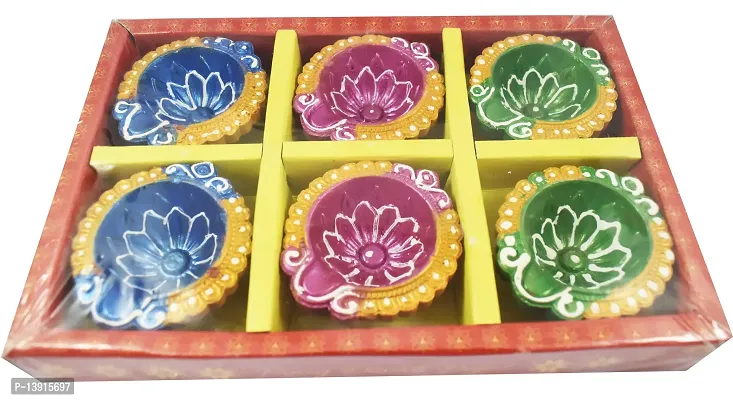 Urvi Creations Set of 6 Handmade Traditional Earthen Clay Mitti Diya Oil Lamps for Pooja Diwali Decoration - Multi Colour-thumb2