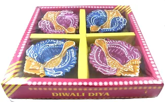 Urvi Creations Set of 4 Handmade Traditional Earthen Clay Mitti Diya Oil Lamps for Pooja Diwali Decoration - Multi Colour-thumb3