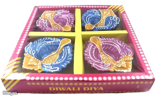 Urvi Creations Set of 4 Handmade Traditional Earthen Clay Mitti Diya Oil Lamps for Pooja Diwali Decoration - Multi Colour-thumb4