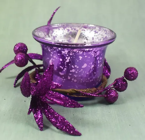 Urvi Creations Purple Flower Decorated Glass Candle Holder with Wax Candle Tealight Candle Holder for Diwali Decoration Items and Christmas Festivals Candles -Multi