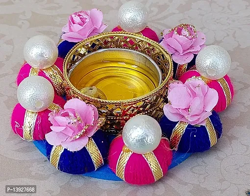 Forty Wings 1 Pcs Beautiful Flower Beaded Multi Decorative Diya Tealight Candle Holder Diwali Pooja Diya Candle Diwali Lighting for Diwali Wedding Festival Decoration Items and Diwali Gift Set