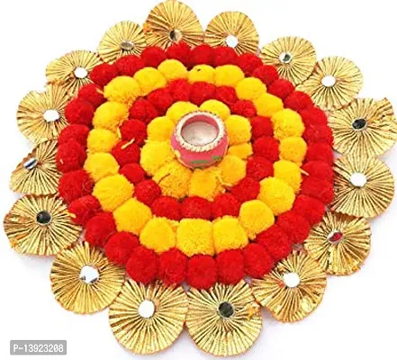 Urvi Creations Set of 1 Pcs Designer Pom Pom Gotta Flower Rangoli Set Tea Light Holder Candles for Diwali Home Decor - Multi Color