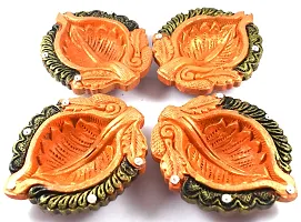 Urvi Creations Set of 4 Handmade Traditional Earthen Clay Mitti Diya Oil Lamps for Pooja Diwali Decoration - Multi Colour-thumb2