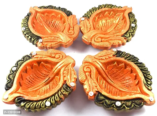 Urvi Creations Set of 4 Handmade Traditional Earthen Clay Mitti Diya Oil Lamps for Pooja Diwali Decoration - Multi Colour-thumb3