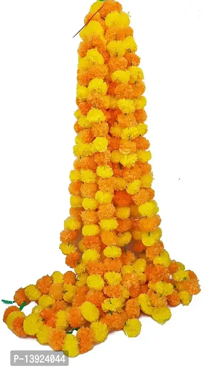 Urvi Creations Artificial Marigold Fluffy Flower Garlands for Diwali Wedding, Navratri, Durga Pooja Festival - Orange, Lemon Yellow - Set 10-thumb2