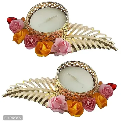 Forty Wings 2 Pcs Golden Leaf Flower Tealight Diya Candle Holder for Diwali Festival Home Decorations Lights-thumb0