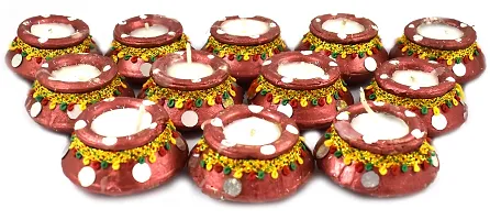 Urvi Creations Wax Filled Set of 12 Handmade Traditional Earthen Clay Diwali Diya Oil Lamps for Pooja Diwali Decoration - Multi Colour-thumb2