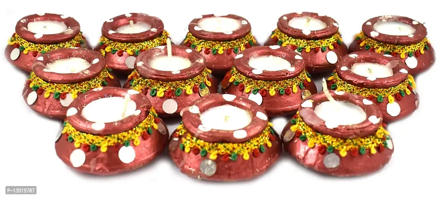 Urvi Creations Wax Filled Set of 12 Handmade Traditional Earthen Clay Diwali Diya Oil Lamps for Pooja Diwali Decoration - Multi Colour-thumb3