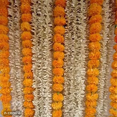 Urvi Creations 5 Pieces Artificial Marigold and 10 Pieces Jasmine Flowers/Garlands String (5 Feet, Yellow)-thumb0