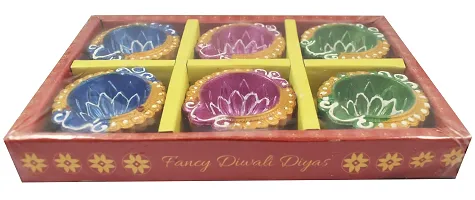 Urvi Creations Set of 6 Handmade Traditional Earthen Clay Mitti Diya Oil Lamps for Pooja Diwali Decoration - Multi Colour-thumb2