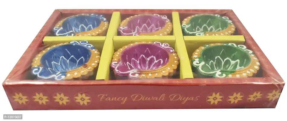 Urvi Creations Set of 6 Handmade Traditional Earthen Clay Mitti Diya Oil Lamps for Pooja Diwali Decoration - Multi Colour-thumb3