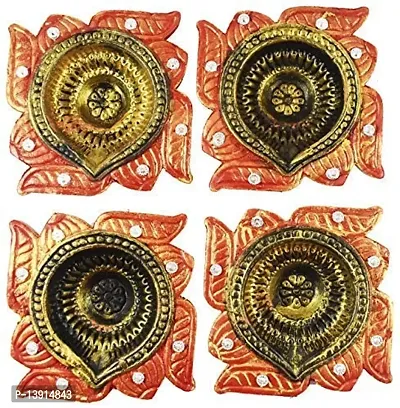 URVI Creations Set of 4 Handmade Traditional Earthen Clay Mitti Diya Oil Lamps for Pooja Diwali Decoration - Multi Colour