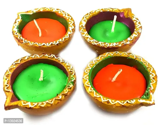 Urvi Creations Handmade Set of 4 Wax Filled Traditional Clay Mitti Diya/Deepak Oil Lamps Terracotta diyas Candles for Diwali Navratri Pooja and Diwali Decoration Lights Gift (Clay Diya 4)