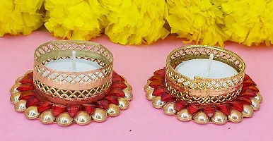 Forty Wings Set of 2 Red Stone Work Beautiful Decorative Diya Tealight Candle Holder Diwali Pooja Diya Candle Diwali Lighting for Diwali Wedding Festival Decoration Items and Diwali Gift Set-thumb4