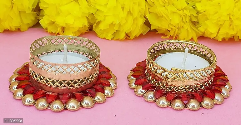 Forty Wings Set of 2 Red Stone Work Beautiful Decorative Diya Tealight Candle Holder Diwali Pooja Diya Candle Diwali Lighting for Diwali Wedding Festival Decoration Items and Diwali Gift Set-thumb5