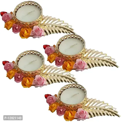 Urvi Creations Set of 4 Golden Leaf Flower Tealight Diya Candle Holder for Diwali Festival Home Decorations Lights-thumb3